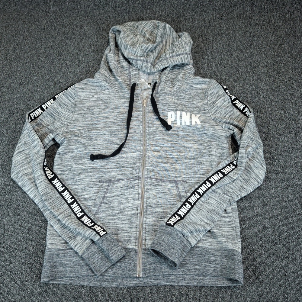 PINK Victoria's Secret Womens Hoodie M Gray Zip Up Logo Tape Athleisure
